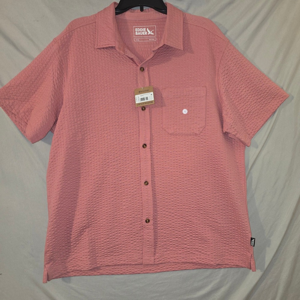Eddie Bauer Alderpine Seersucker Shirt Large Mens Pink Short Sleeve Button Up
